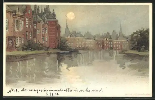 Lithographie La Haye, Häuser am Wasser bei Vollmond