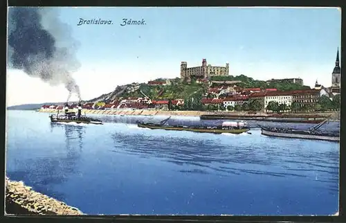 AK Bratislava, Zamok, Gesamtansicht mit Schloss vom Flussufer gesehen