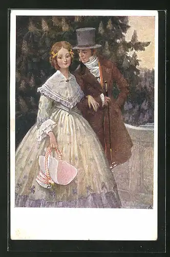 AK Biedermeier, junges Paar bei einem Spaziergang mit Zylinder, Stock und Haube