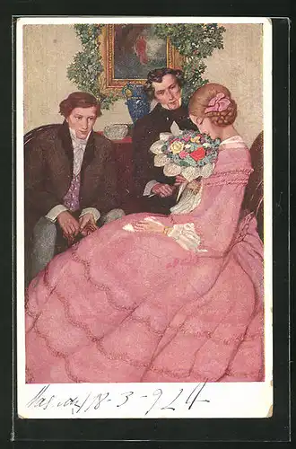 AK Biedermeier, junge Frau in rosafarbenen Kleid mit zwei Herren bekommt Blumenstrauss