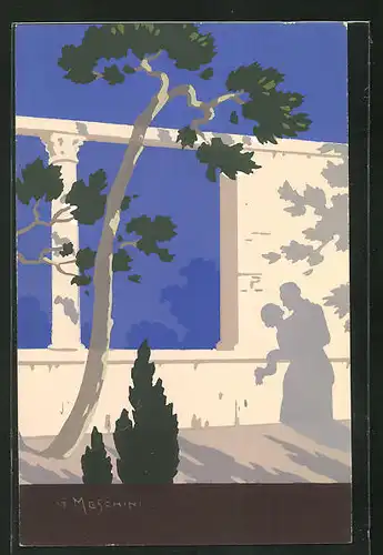 Künstler-AK sign. G. Meschini: Schatten eines Paar an der Mauer, Art Deco