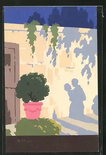 Künstler-AK sign. G. Meschini: Schatten des kuschelndes Paares an der Wand, Art Deco