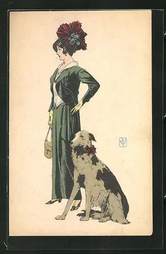 Künstler-AK Modische Dame mit Hund