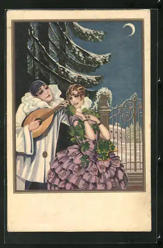 AK Art Deco, Harlekin spielt auf Mandoline für junge Frau mit Kleeblattkette vor schneebedeckter Tanne