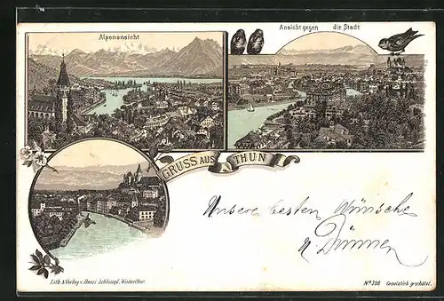 Vorläufer-Lithographie Thun, 1895, Stadtansicht gegen die Alpen, Teilansichten