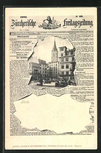 Passepartout-AK Zürich, Hotel Schwert am Marktplatz, Zürcherische Freitagszeitung 1901