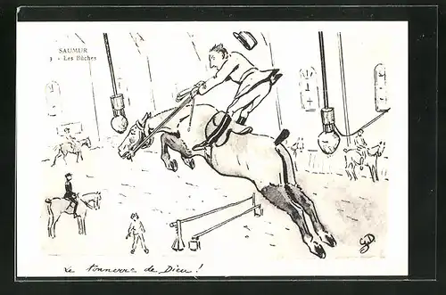 AK Saumur, Les Buches, Jockey springt mit seinem Pferd über Hürde
