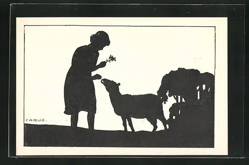 Künstler-AK Carus: Mädchen füttert ein Schaf mit Blumen