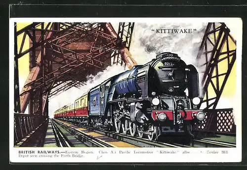 Künstler-AK British Railways, englische Eisenbahn Kittiwake auf einer Brücke