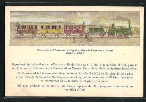 AK Centenario del Ferrocarril en Espana, alte spanische Dampflokomotive mit Waggons, Eisenbahn