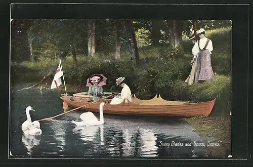 AK Damen im Ruderboot betrachten die Schwäne auf dem See