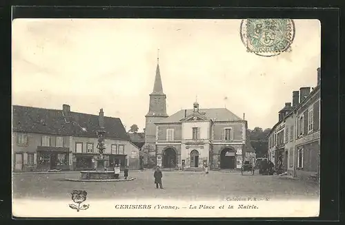 AK Cerisiers, La Place et la Mairie, Brunnen