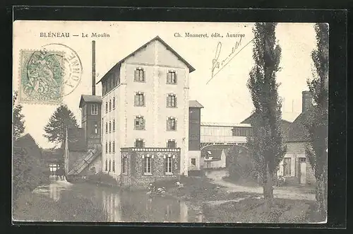 AK Bleneau, Le Moulin mit Uferweg und Gebäudebrücke