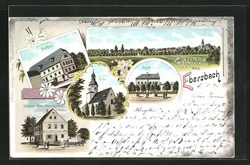 Lithographie Ebersbach, Bäckerei u. Materialwarenhandlung O. Otto, Gasthaus, Schule, Kirche