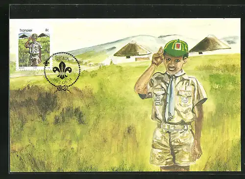 Maximum-AK Pfadfinder in Uniform mit Mütze salutiert, Scouts Cub salute