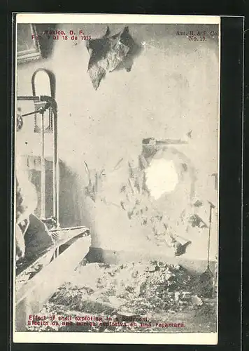 AK México, Effect of shell exploiting in a Bedroom, Mexikanische Revolition 1913