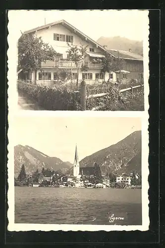 AK Egern, Hotel-Gasthof mit Garten, Ortsansicht vom See her