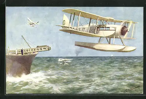 AK D. H. Seaplane launched from a catapult on board ship, Wasserflugzeug in der Luft