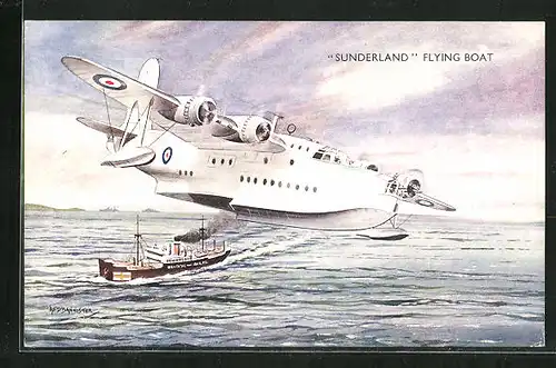 AK Wasserflugzeug Sunderland in der Luft, Schiff in Fahrt