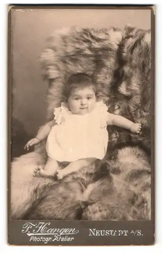 Fotografie F. Hangen, Neustadt a/S., Baby auf Pelz sitzend