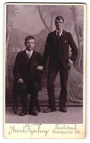 Fotografie Arvid Kjierling, Karlstad, junger Mann im Anzug stehend und junger Mann im Anzug sitzend