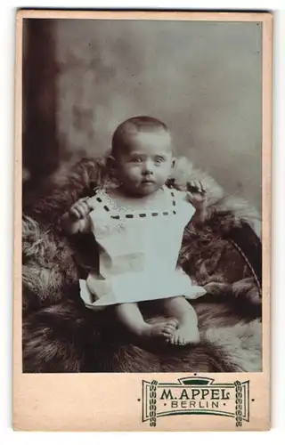 Fotografie M. Appel, Berlin, Baby im Kleidchen auf Pelz sitzend