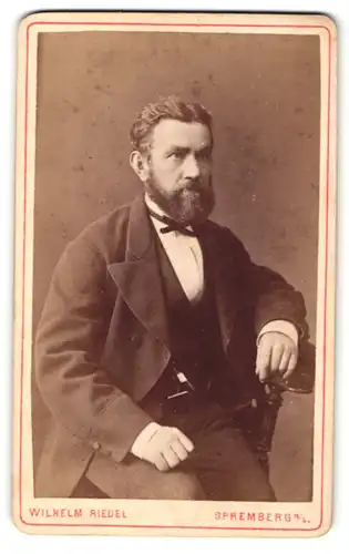 Fotografie Wilhelm Riedel, Spremberg, Vollbärtiger Mann im Anzug auf einem Stuhl sitzend