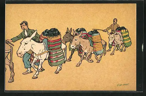 Künstler-AK sign. Oskar Schmerling: Tiflis, Zwei Männer mit Eseln in georgischer Tracht beim Transport