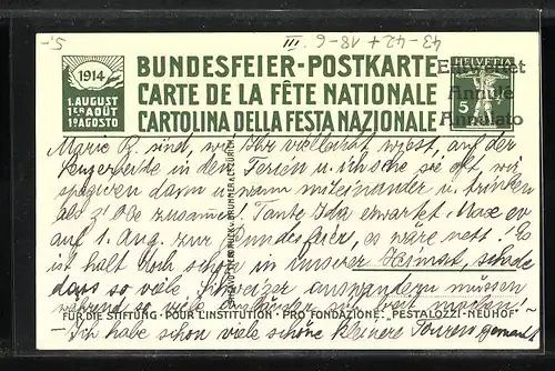 AK Schweizer Bundesfeier, Pestalozzi in Stans, Ganzsache