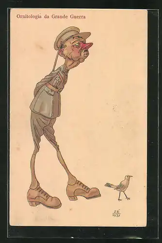 Künstler-AK Zé: Ornitologica da Grande Guerra, Vogelkunde des 1. Weltkriegs, Karikatur, Soldat