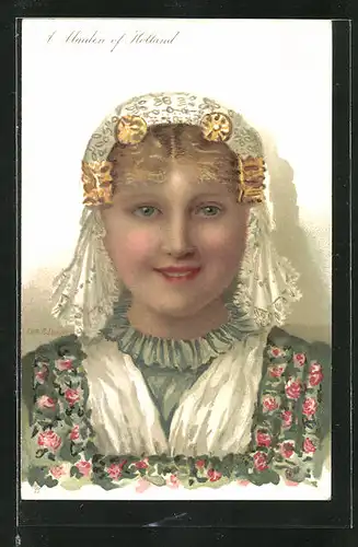 AK Holland, A Maiden, Frau in Tracht im Jugendstil