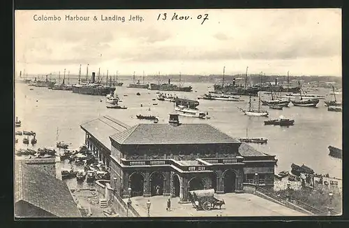 AK Colombo, Harbour & Landing Jetty, Blick auf Segel- und Dampferschiffe