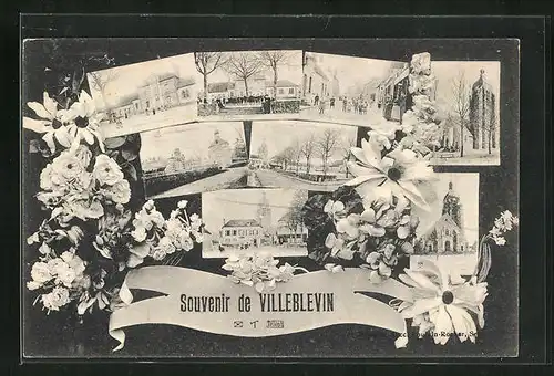 AK Villeblevin, verschiedene Ortsansichten von Kirche, Strassen und Plätzen, Blumen