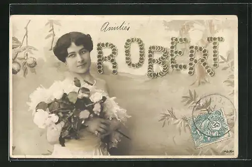 AK Namenstag, Robert, junge Frau mit weissen Blumen in weissem Kleid