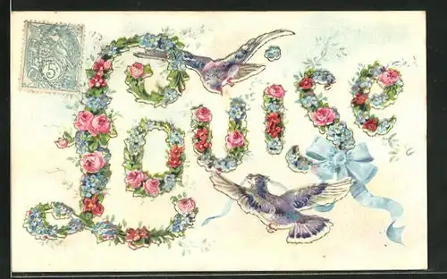 AK Namenstag, Louise, Blumen formen Buchstaben, Vögel mit Bändern
