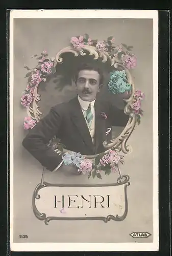 AK Namenstag Henri, Mann von Blumen umrahmt