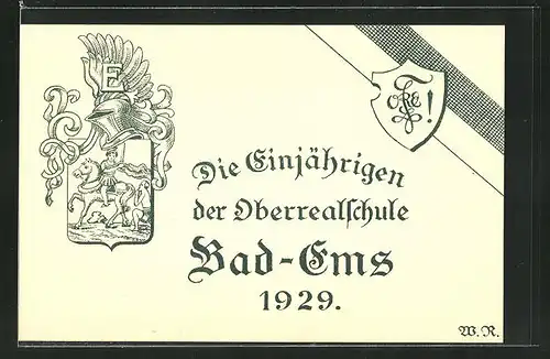 AK Bad Ems, Absolvia, Die Einjährigen der Oberrealschule, 1929, Wappen