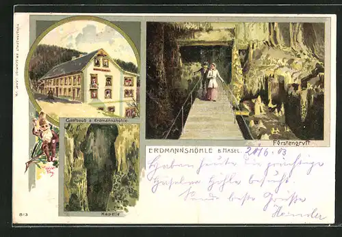 Lithographie Hasel, Fürstengruft der Erdmannshöhle, Kapelle und Gasthaus zur Erdmannshöhle
