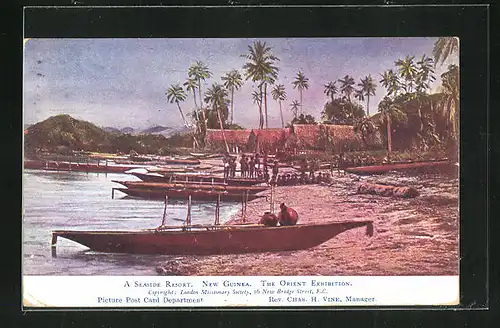 Künstler-AK New Guinea, a seaside Resort, Fischerboote am Ufer