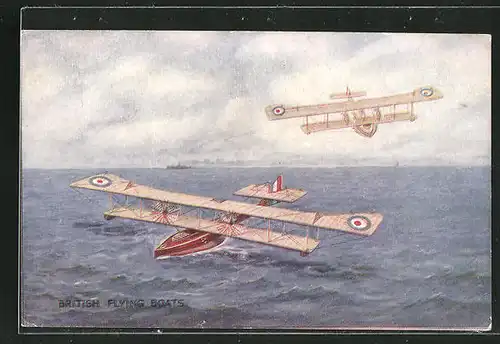AK British Flying Boats, Wasserflugzeuge landen auf dem Meer