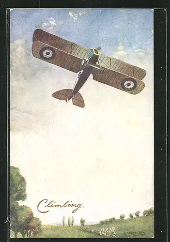 Künstler-AK G. T. Clarkson: In the Air - Climbing, Flugzeug, Doppeldecker