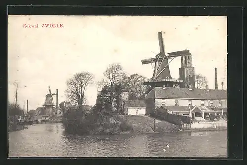 AK Zwolle, Eekwal, Ortsansicht mit Mühle