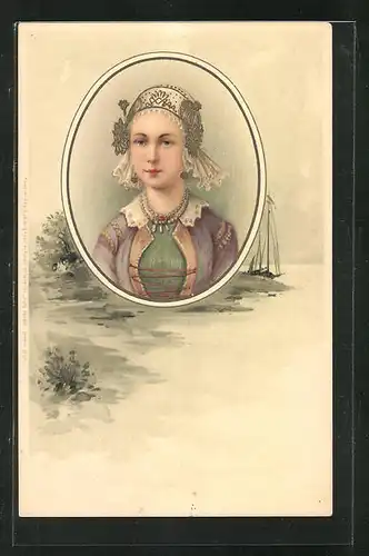 Künstler-AK Portrait eines Fräuleins mit schönem Haarschmuck, Uferansicht mit Segelschiff