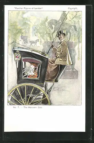 Künstler-AK Familiar Figures of London, The Hansom Cab, Pferdekutsche mit Fahrer und Passagierin