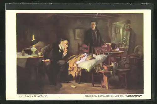 AK Luke Fildes: El Medico, Arztbesuch bei einem Kind, Reklame für Medikament Ceregumil