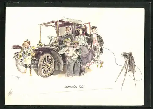 Künstler-AK Stolze Familie lässt sich vor ihrem Mercedes 1904 fotografieren