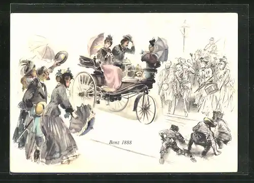 Künstler-AK Familie im Benz 1888 wird von allen Seiten gegrüsst