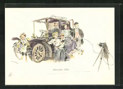 Künstler-AK Stolze Familie lässt sich vor ihrem Mercedes 1904 ablichten