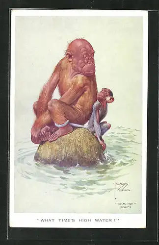 Künstler-AK Lawson Wood: What time`s high water, Affen sitzen auf einem Felsen im Wasser