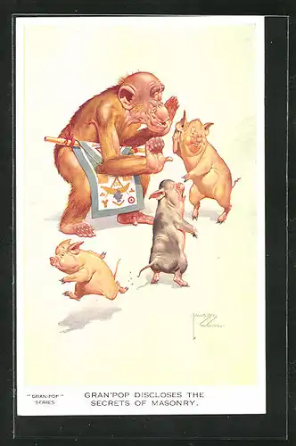 Künstler-AK Lawson Wood: Gran`Pop discloses the secrets of Masonry, Affe flüstert einem Schweinchen ins Ohr